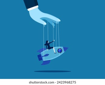 determines the direction of business. controlling a businesswoman on a rocket by a rope 