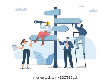 Determining the direction or important path of the business, Setting the right path to success, Using vision analysis to analyze the future, Business team plans to signpost for the organization.