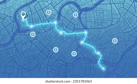 Determining location on the plan of abstract city. Location tracks dashboard. Path turn, destination tag or mark. Huge city top view. Tracking path and route planning. Background Vector illustration