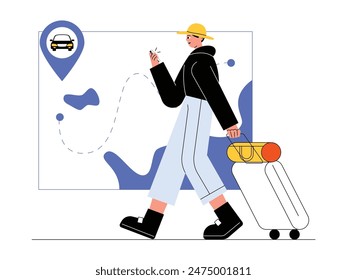 Determining road trip with transportation booked via smartphone, vector illustration.