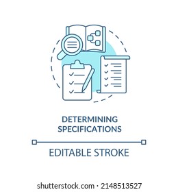 Determining specifications turquoise concept icon. Info system development stage abstract idea thin line illustration. Isolated outline drawing. Editable stroke. Arial, Myriad Pro-Bold fonts used