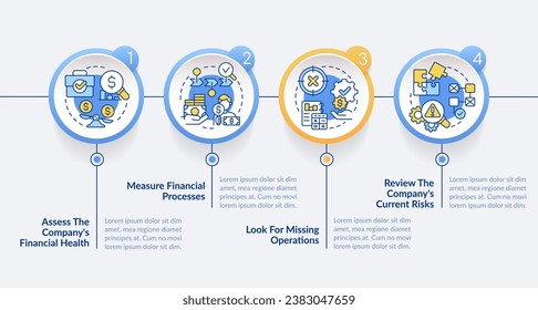 Determining treasury management need blue circle infographic template. Data visualization with 4 steps. Editable timeline info chart. Workflow layout with line icons. Lato-Bold, Regular fonts used