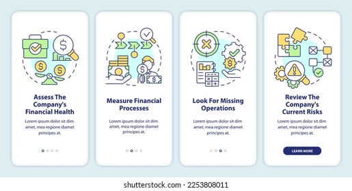 Determining treasury management need onboarding mobile app screen. Walkthrough 4 steps editable graphic instructions with linear concepts. UI, UX, GUI template. Myriad Pro-Bold, Regular fonts used