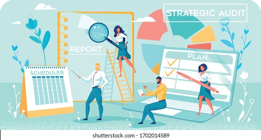 Determining Whether Company Is Meeting Its Organizational Objectives in Most Efficient Way. Auditors Studying Plan and Report Through Magnifying Glass According to Schedule. Flat Vector Banner.