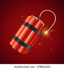 Detonen una bomba dinámica en un fondo rojo. Ilustración del vector