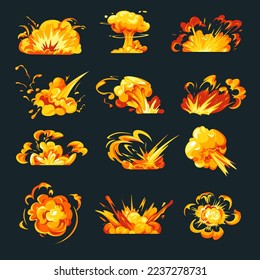 Detonation or discharge, eruption and ignition. Explosions and burst of flames and fire, blast and bloom. Effects for game settings, wrecking, and calamity. Vector in flat style illustration