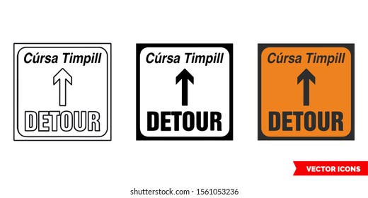 Detour (Ahead) roadworks sign icon of 3 types: color, black and white, outline. Isolated vector sign symbol.