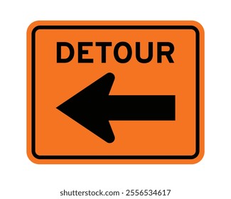 Detour with Left Arrow Construction Sign Featuring Orange Background and Black Border, Indicating an Alternative Route for Drivers, Available as a Vector File