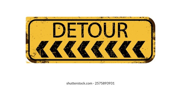 Detour to the left. An old rectangular, worn road sign with black arrows and the inscription "Detour". Yellow turn signal light