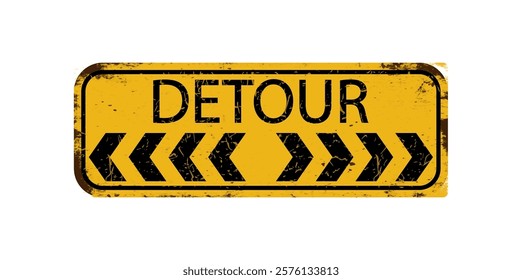 Detour to the left or to the left. An old rectangular, worn road sign with black arrows and the inscription "Detour". Yellow turn signal light
