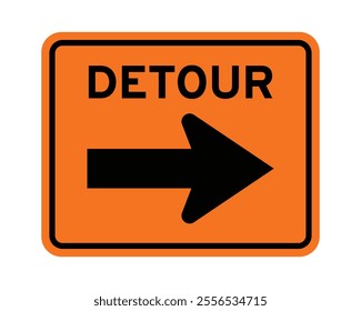 Detour with Right Arrow Construction Sign Featuring Orange Background and Black Border, Indicating an Alternative Route for Drivers, Available as a Vector File