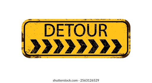 Detour to the right. An old rectangular, worn road sign with black arrows and the inscription "Detour". Yellow turn signal light