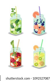 Detox beverages collection poured in jars, mugs set containing liquids with cucumber slices, banana pieces, grapefruit isolated on vector illustration