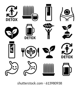 Detox, body cleaning with juices, vegetables or diet icons set