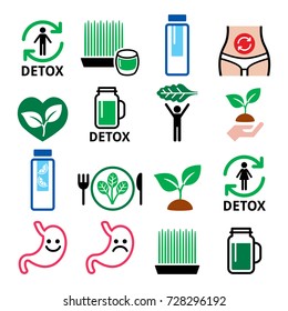 Detox, body cleaning with juices, vegetables or diet vector icons set
 svg