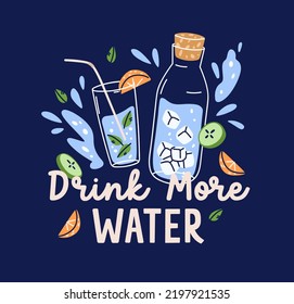 Detox card design with infused water bottle and glass. Aqua soda drink with cucumber, orange fruit, mint infusion and ice cubes. Healthy summer lemonade on background. Flat graphic vector illustration