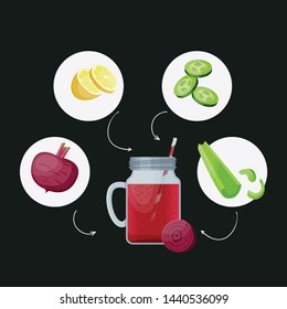 Detox cleanse drink concept, red vegetable smoothie. Natural, organic healthy juice in bottle for weight loss diet or fasting day. Beet, cucumber lime and celery mix isolated on black background.