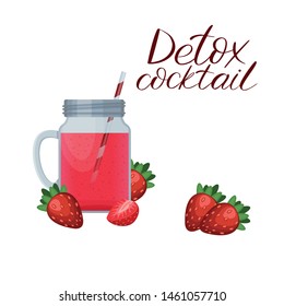 Detox cleanse drink concept, red vegetable smoothie. Natural, organic healthy juice in bottle for weight loss diet or fasting day. Smoothie strawberry, cocktail berry.