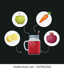 Detox cleanse drink concept, red vegetable smoothie. Natural, organic healthy juice in bottle for weight loss diet or fasting day. Carrot, apple, lime and beet mix isolated on black background.