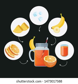 Detox cleanse drink concept, red vegetable smoothie. Natural, organic healthy juice in bottle for weight loss diet or fasting day. Orange, pineapple, ice, banana and orange juice.
