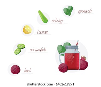 Detox cleanse drink concept, red vegetable smoothie. Natural, organic healthy juice in bottle for weight loss diet or fasting day. Beet, cucumber lime and celery mix isolated on white background.