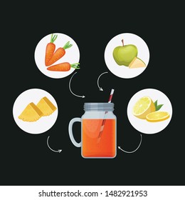 Detox cleanse drink concept, red vegetable smoothie. Natural, organic healthy juice in bottle for weight loss diet or fasting day. Carrot, apple, lime and pineapple mix isolated on black background.