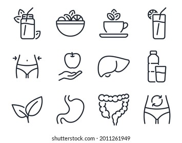 Detox and cleanse related editable stroke outline icons set isolated on white background flat vector illustration. Pixel perfect. 64 x 64. svg