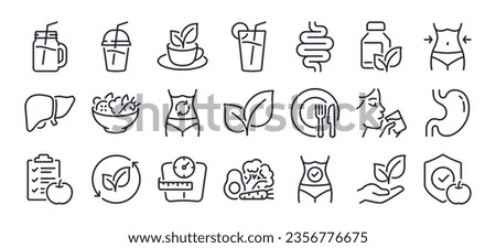 Detox and cleanse related editable stroke outline icons set isolated on white background flat vector illustration. Pixel perfect. 64 x 64.