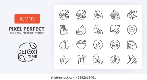 Detox and cleanse, thin line icon set. Outline symbol collection. Editable vector stroke. 256x256 Pixel Perfect scalable to 128px, 64px...