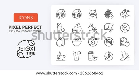 Detox and cleanse, thin line icon set. Outline symbol collection. Editable vector stroke. 256x256 Pixel Perfect scalable to 128px, 64px...