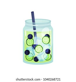 Detox cocktail with blueberry and slices of cucumber. Organic smoothie in glass jar with ice cubes and straw. Healthy refreshing drink. Flat vector for cafe or restaurant menu