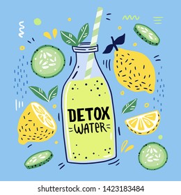 Detox cocktail with lemon, cucumber, mint. Vector illustration for greeting cards, magazine, cafe and restaurant menu. Fresh smoothies for healthy life, diets. 