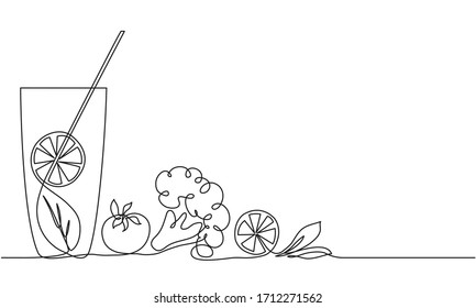 Detox cocktail. Vegetable juice, smoothie. Broccoli, lemon, tomato, cabbage. Dietetic nutrition. Continuous line drawing. Vector sketch