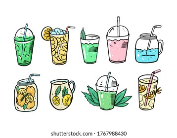 Detox cocktails set. Lemonade or summer cocktails. Organic product. Cartoon style. Vector illustration. Isolated on white background. Design for menu cafe and bar.