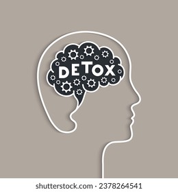 Detox concept with head, mind, gears and letters. Brain detox, mental detoxification. Profile outline, face silhouette of a person. Vector illustration in paper cut art with shadow. svg