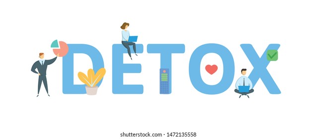 DETOX. Concept with people, letters and icons. Colored flat vector illustration. Isolated on white background.