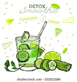 Detox cucumber and lemon smoothie. Beautiful handdrawn image in bright green colours. Vector illustration in unique artistic style on a white background. Natural and organic food creative concept.