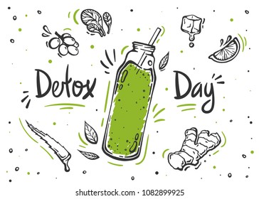 Detox day poster in doodle style. Set of hand drawn ingredients for smoothie or detox drink in the bottle.