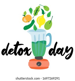 detox day - text on mixer. cucumber, apple, lemon, greens - health smoothie. Hand drawn flat cartoon vector illustration isolated on white background. nutrition concept.