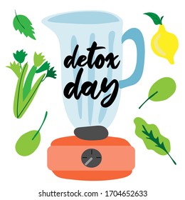 detox day - text on mixer. cucumber, apple, lemon, greens - health smoothie. Hand drawn flat cartoon vector illustration isolated on white background. nutrition concept.