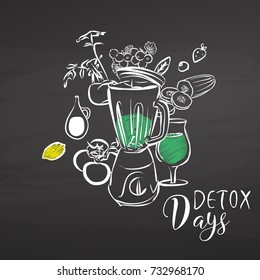 Detox days. Vegetables and Mixer on chalkboard. Hand drawn healthy food sketch. Black and White Vector Drawing on Blackboard. 