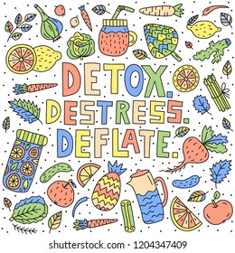 Detox. Destress. Deflate. Vector lettering with doodle illustrations