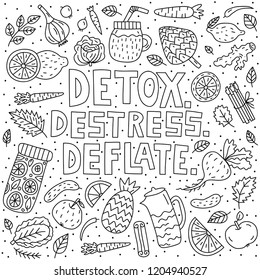 Detox. Destress. Deflate. Vector lettering with doodle illustrations