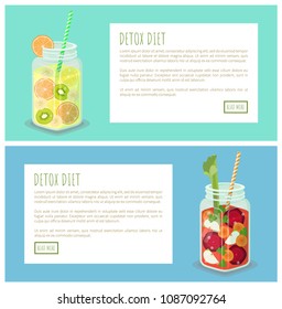 Detox diet collection of pages with headlines, text sample, jars and beetroot slices, sweet carrot, apple pieces, parts banana vector illustration