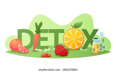 Detox Diet Concept. Healthy Nutrition, Detoxing Program Food Fruits, Berries and Vegetables , Organic Orange, Carrot, Lemon with Strawberry Smoothies Poster Banner Flyer. Cartoon Vector Illustration