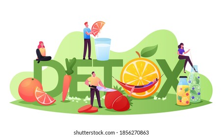 Detox Diet Concept. Tiny Characters Cooking and Drinking Smoothies of Fresh Organic Fruits and Vegetables. Healthy Nutrition, Vitamin Food Poster Banner Flyer. Cartoon People Vector Illustration