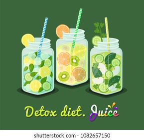 Detox diet juice collection, poster mug with refreshing drink cocktail containing mint leaves, lemon cucumber ice cubes and straws vector illustration