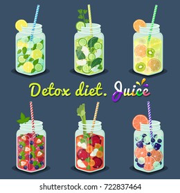Detox diet juices of different types with fruits and vegetables to become healthy and strong vector illustration? on blue background.