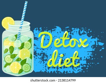 Detox diet lettering in abstract round frame and jar with drink, smoothie. Colorful abstract sign with inscription and diet fruit cocktail. Proper nutrition, healthy lifestyle, detox concept