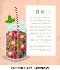 Detox diet poster jar of refreshing drink with fresh strawberry, raspberries and blueberries, green leaves of mint vector dieting cocktail with straw